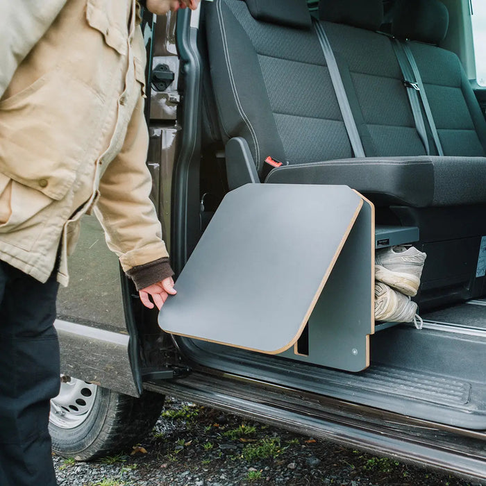 TableBox storage space with folding table for VW T5 / T6 / T6.1 Multivan & Beach from SpaceCamper Modular