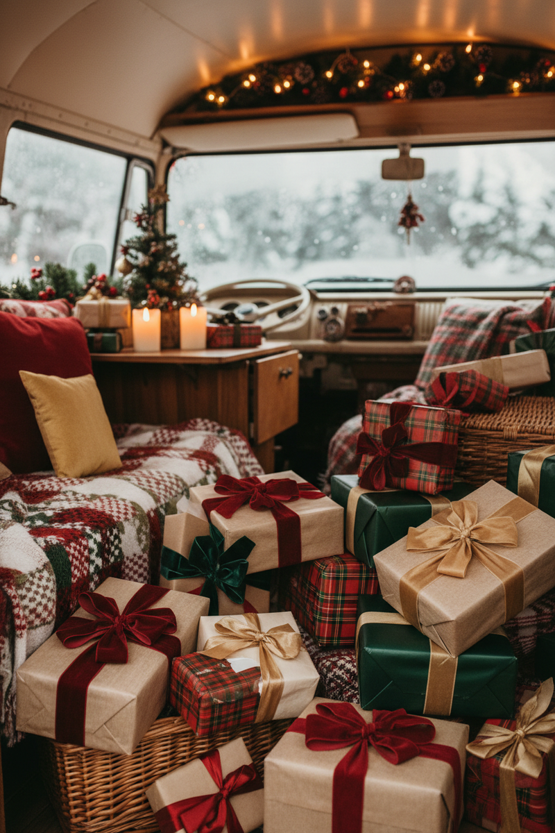 hochformat Bild mit Weihnachtsgeschenken in einem Camper-Van, Nahaufnahme